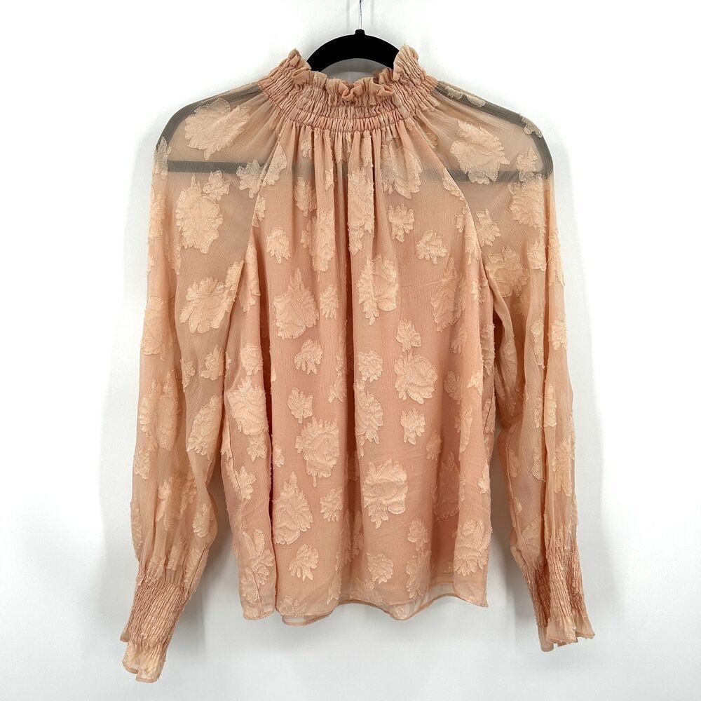 NWOT REBECCA TAYLOR Pink Silk Floral Metallic Sheer Sleeve Cottage Blouse Top 2